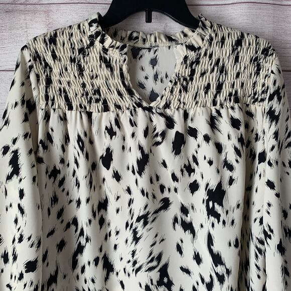 White with Black Spots Blouse Long Sleeve Round Ruffle Neck Bishop Billow Sleeve - Picture 2 of 15